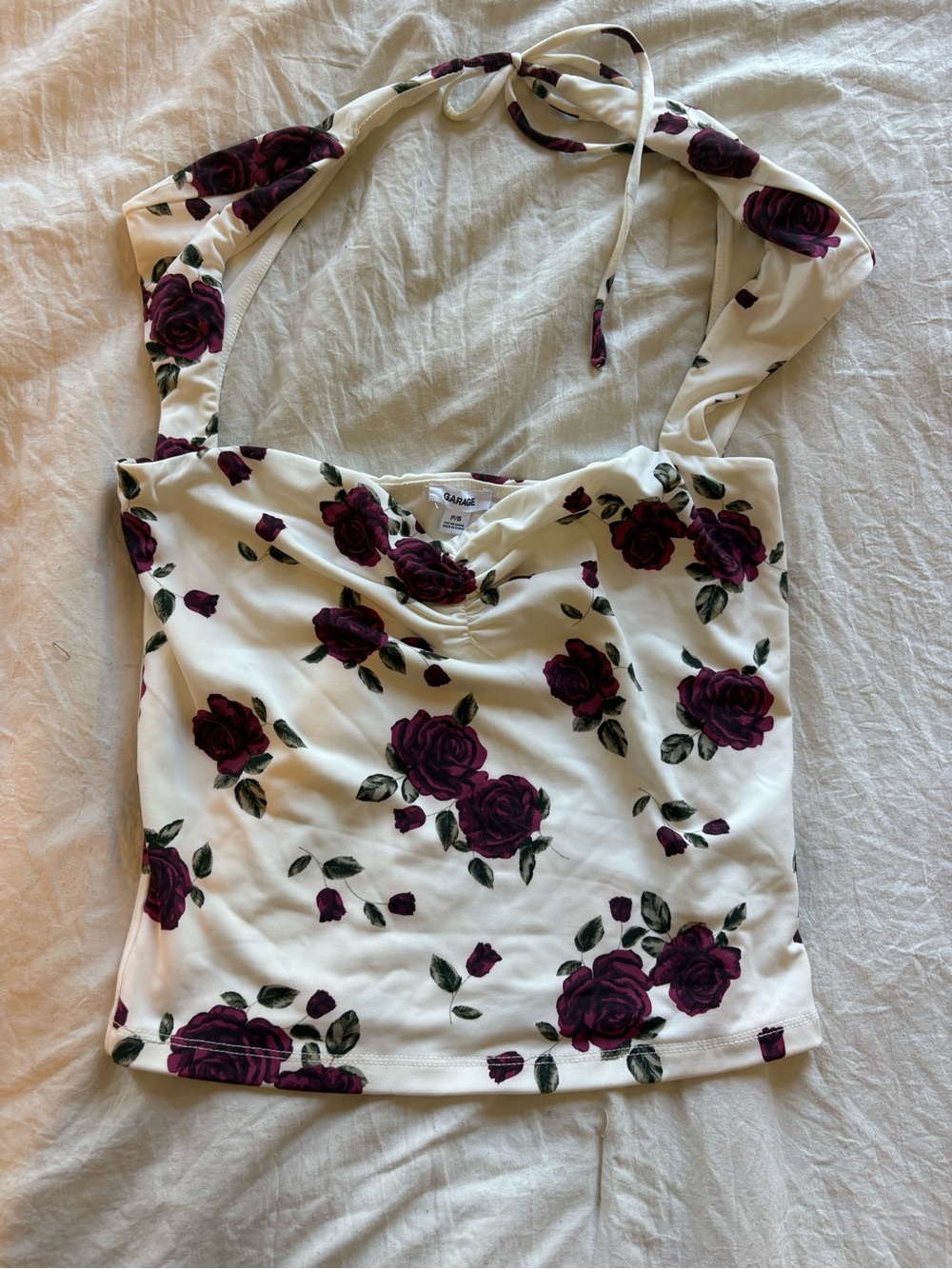 Garage White Halter Camisole with Burgundy Rose Print